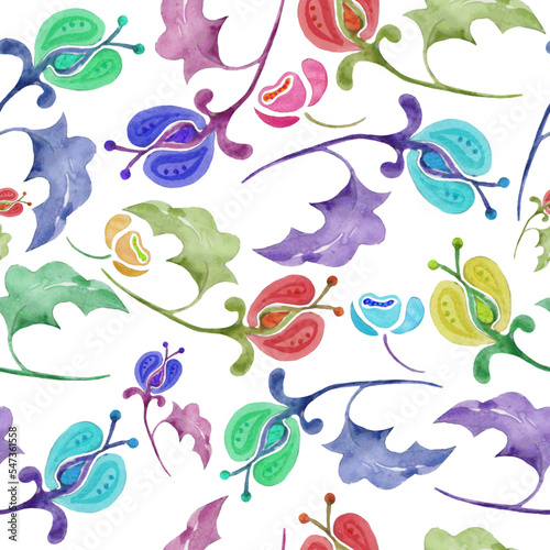 Paisley watercolor floral seamless pattern. Hand drawn whimsical ornament with abstract flowers: orchid, lotus, leaves. Painted ethnick folk motif for fabric, textile, wrapping design . Vector EPS.