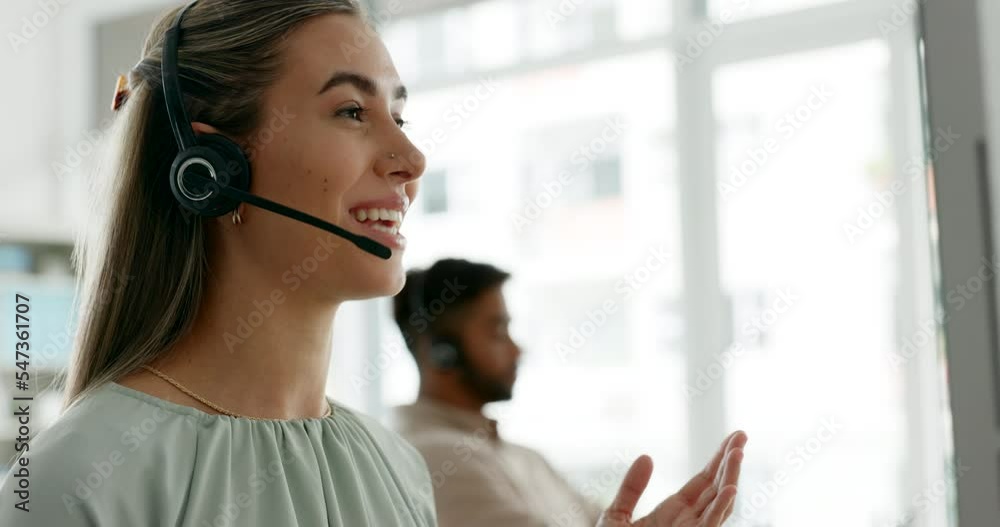 Customer service, call center and sales consultant talking while reading on computer for contact us information for help and support. Telemarketing or CRM agent at her desk for ecommerce assistance