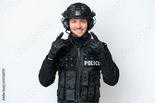 SWAT man over isolated white background smiling with a happy and pleasant expression