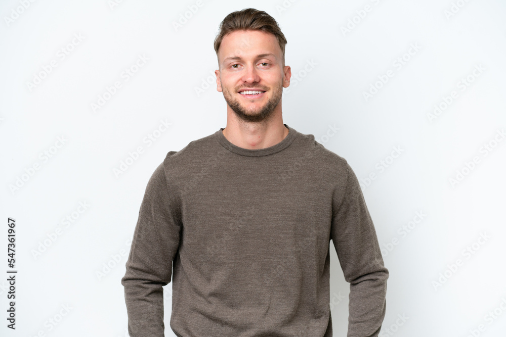 Fototapeta premium Young blonde caucasian man isolated on white background laughing