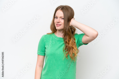Young pretty woman isolated on white background having doubts