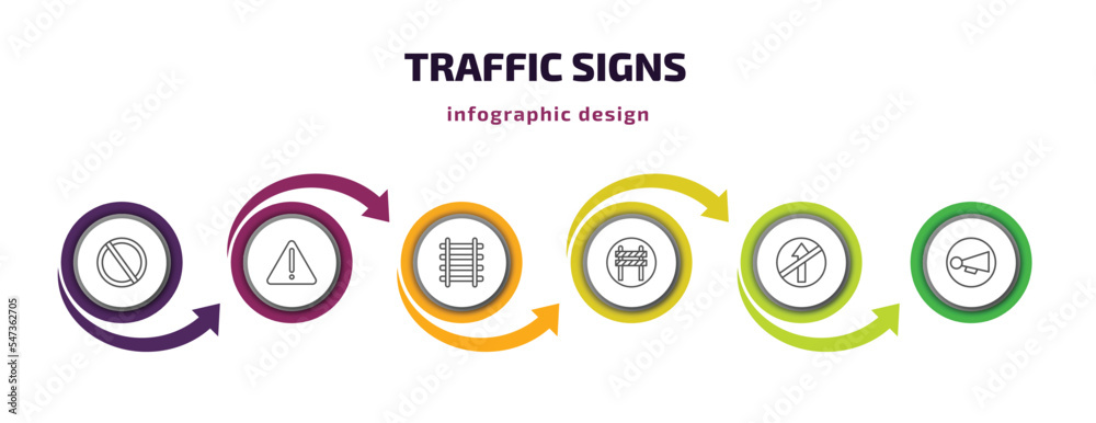 traffic signs infographic template with icons and 6 step or option. traffic signs icons such as no waiting, danger, railway, barrier, no straight, horn vector. can be used for banner, info graph, traffic signs infographic template with icons and 6 step or option. traffic signs icons such as no waiting, danger, railway, barrier, no straight, horn vector. can be used for banner, info graph,