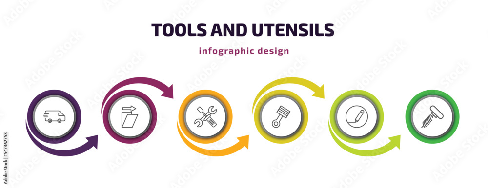 tools and utensils infographic template with icons and 6 step or option. tools and utensils icons such as postage, shear, reparation, piston on, edit tools, auger vector. can be used for banner, tools and utensils infographic template with icons and 6 step or option. tools and utensils icons such as postage, shear, reparation, piston on, edit tools, auger vector. can be used for banner,
