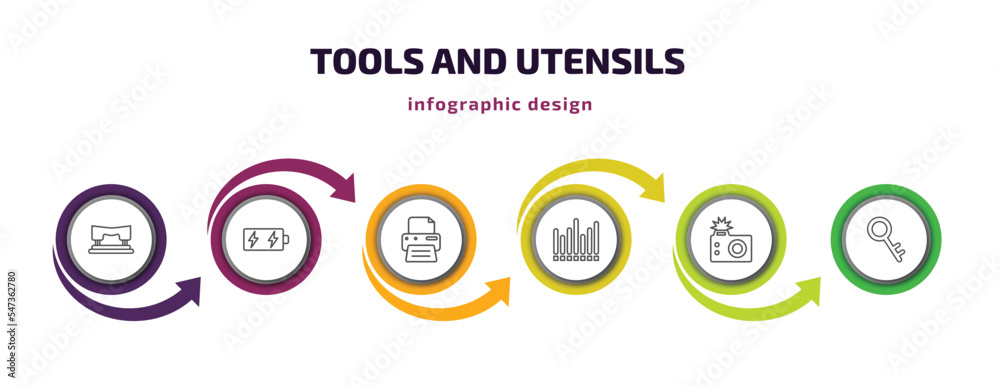 tools and utensils infographic template with icons and 6 step or option. tools and utensils icons such as hole puncher, battery charging, blank paper printer, sound wave bars, camera with flash, tools and utensils infographic template with icons and 6 step or option. tools and utensils icons such as hole puncher, battery charging, blank paper printer, sound wave bars, camera with flash,