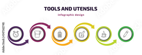 tools and utensils infographic template with icons and 6 step or option. tools and utensils icons such as timer round clock, pitcher with levels, printing calculator, edit picture, cup of hot