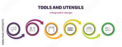tools and utensils infographic template with icons and 6 step or option. tools and utensils icons such as megaphone side view, tools utensils, clothes rack, film strip photograms, tray for papers,