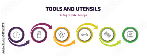tools and utensils infographic template with icons and 6 step or option. tools and utensils icons such as time left, top load washer, rubber bands, exercise with dumbbells, combs, telephone agenda