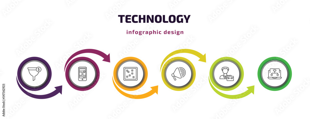 technology infographic template with icons and 6 step or option. technology icons such as conversion, touristic, raster images, call to action, project manager, sitemaps vector. can be used for - obrazy, fototapety, plakaty 