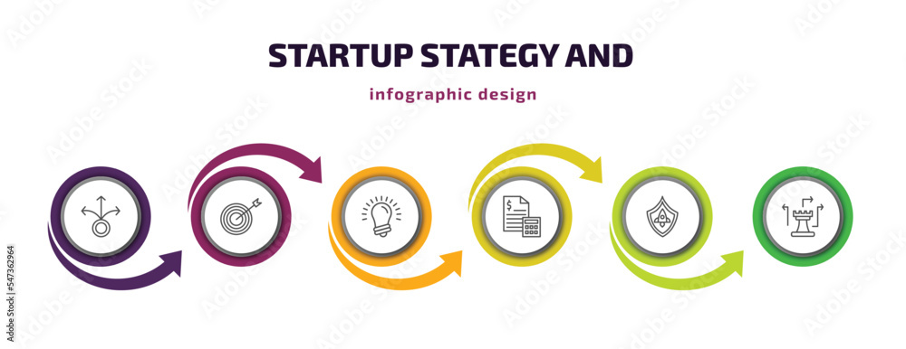 startup stategy and infographic template with icons and 6 step or option. startup stategy and icons such as decision, mission, idea, budget, startup shield, strategy game vector. can be used for startup stategy and infographic template with icons and 6 step or option. startup stategy and icons such as decision, mission, idea, budget, startup shield, strategy game vector. can be used for
