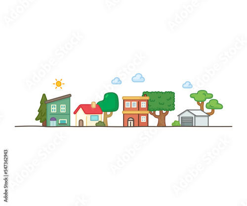 Adorable houses and neighbors line up kawaii doodle flat cartoon vector illustration