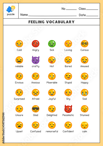 feeling face category vocabulary word book exercises sheet kawaii doodle vector cartoon