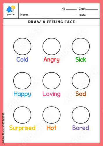 Draw feeling face pictures according to words exercises sheet kawaii doodle vector cartoon
