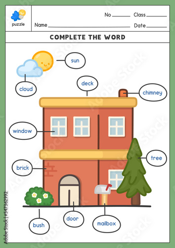 fill alphabet in the blanks about house exercises sheet kawaii doodle vector cartoon
