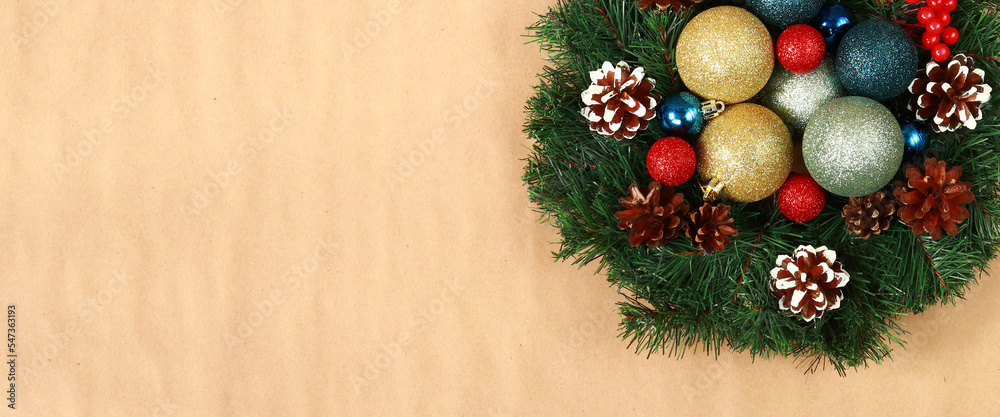 Christmas background. Festive wreath with Christmas balls, top view