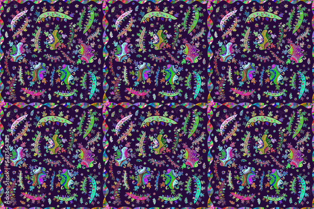 Seamless pattern with interesting doodles on colorfil background. Pano. Raster illustration. Seamless pattern with interesting doodles on colorfil background. Pano. Raster illustration.