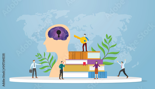 unlock mind concept with big head brain and key with books for education resource knowledge with people analyze with modern flat style