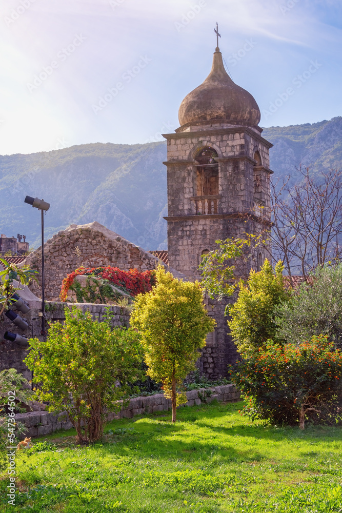 Montenegro, Old Town of Kotor - UNESCO World Heritage site.  Autumn view of bell tower of ancient church of St. Clara