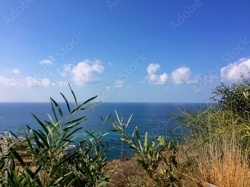 Fototapeta Naklejka Na Ścianę i Meble -  View of the Mediterranean Sea from a cliff at the tourist site Rosh HaNikra grottoes on the border between Israel and Lebanon
