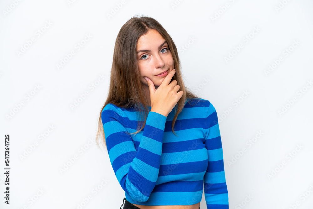 Young caucasian woman isolated on white background having doubts Young caucasian woman isolated on white background having doubts
