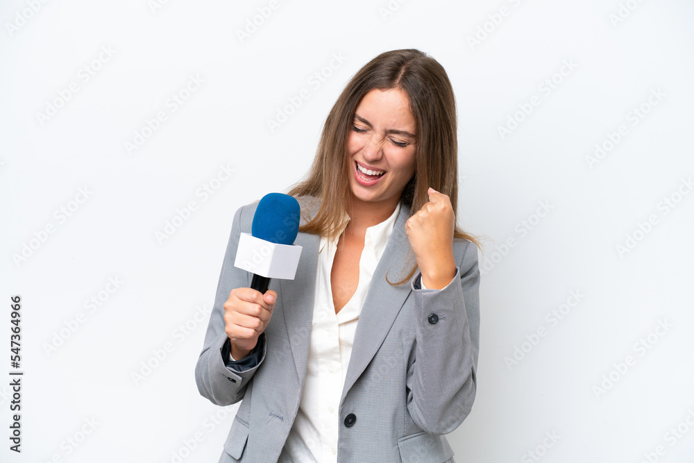 Young TV presenter caucasian woman isolated on white background celebrating a victory Young TV presenter caucasian woman isolated on white background celebrating a victory
