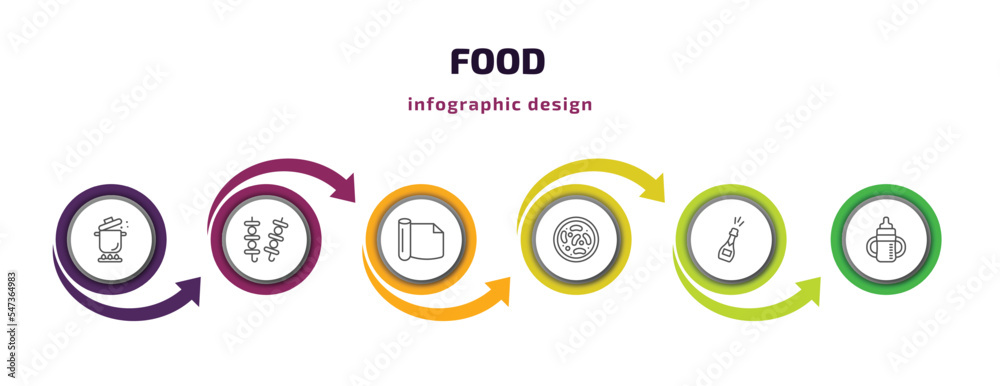 food infographic template with icons and 6 step or option. food icons such as stew, brochette, wrapping, red bean soup, champagne bottle, sippy cup vector. can be used for banner, info graph, web,