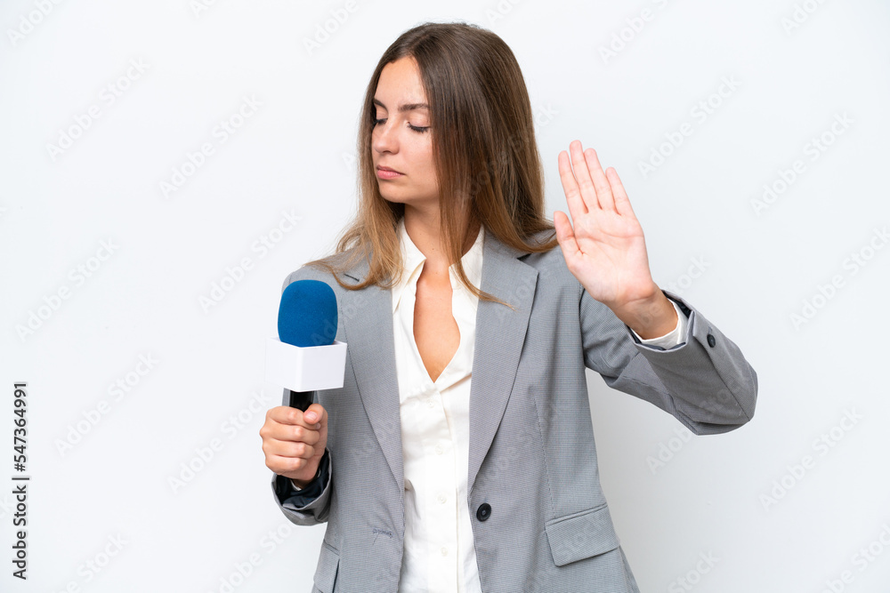 Young TV presenter caucasian woman isolated on white background making stop gesture and disappointed Young TV presenter caucasian woman isolated on white background making stop gesture and disappointed