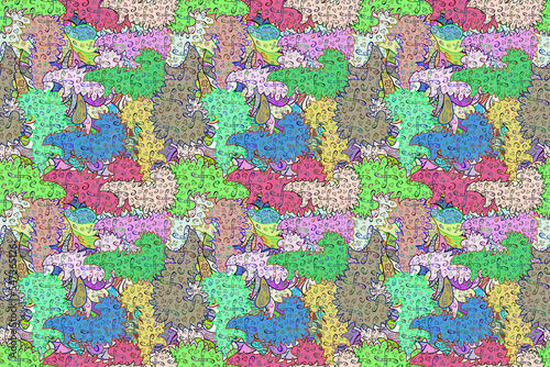 Seamless pattern with interesting doodles on colorfil background. Pano. Raster illustration. © ielyzaveta
