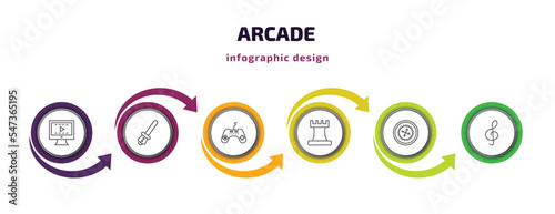 arcade infographic template with icons and 6 step or option. arcade icons such as video editing, lightsaber, controller, chess piece, roulette, g clef vector. can be used for banner, info graph,