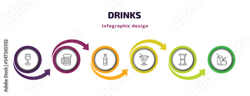 drinks infographic template with icons and 6 step or option. drinks icons such as glass of wine, pint of beer, wine bottles, pink rose, jigger, juice vector. can be used for banner, info graph, web,