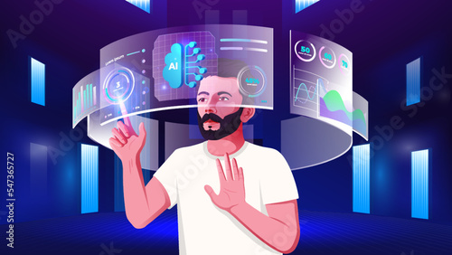 A young man exploring and visualizing the Cloud data, Blockchain, Infographics, Cryptocurrency, NFTs, Future innovations and Communication concepts with Metaverse Digital Virtual Reality Technology 