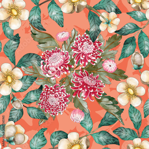 Floral vintage vector seamless pattern with vintage chrysanthemum seamless background for floral wallpaper, textile, fabric, poster, package. Vector batanic illustration. photo