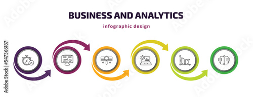 business and analytics infographic template with icons and 6 step or option. business and analytics icons such as time out, hash rate, stock data analysis, laptop with analysis, bars chart analysis,