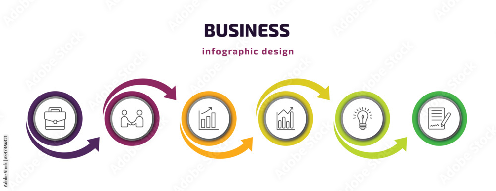 business infographic template with icons and 6 step or option. business icons such as business briefcase, men shaking hands, graphic progression, statistical chart, round light bulb, vector. can business infographic template with icons and 6 step or option. business icons such as business briefcase, men shaking hands, graphic progression, statistical chart, round light bulb, vector. can