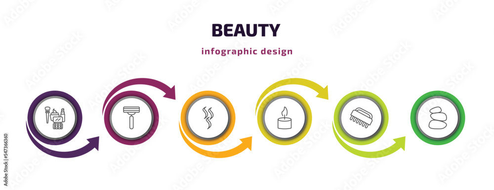 beauty infographic template with icons and 6 step or option. beauty icons such as makeup, disposable razor, aroma, one candle, nail brush, three stones vector. can be used for banner, info graph, beauty infographic template with icons and 6 step or option. beauty icons such as makeup, disposable razor, aroma, one candle, nail brush, three stones vector. can be used for banner, info graph,