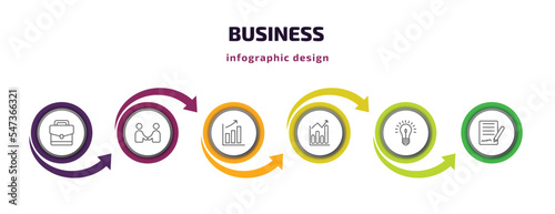 business infographic template with icons and 6 step or option. business icons such as business briefcase, men shaking hands, graphic progression, statistical chart, round light bulb, vector. can