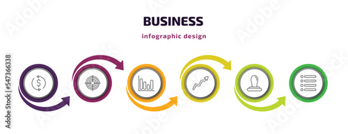 business infographic template with icons and 6 step or option. business icons such as money convert, circular target, bar diagram, graphic arrow, rubber stamp, lines vector. can be used for banner,