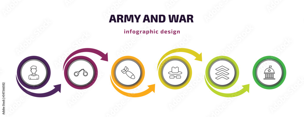 army and war infographic template with icons and 6 step or option. army and war icons such as civilian, pair of handcuffs, airplane bomb, secret agent, chevrons, federal agency vector. can be used army and war infographic template with icons and 6 step or option. army and war icons such as civilian, pair of handcuffs, airplane bomb, secret agent, chevrons, federal agency vector. can be used