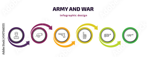 army and war infographic template with icons and 6 step or option. army and war icons such as conscription, canon, pistol, militar radio, time bomb with clock, rifle vector. can be used for banner,