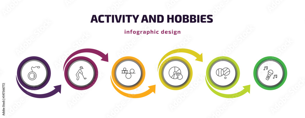 activity and hobbies infographic template with icons and 6 step or option. activity and hobbies icons such as yoyo, golf playing, balancing, disc jockey, petanque, sing vector. can be used for activity and hobbies infographic template with icons and 6 step or option. activity and hobbies icons such as yoyo, golf playing, balancing, disc jockey, petanque, sing vector. can be used for