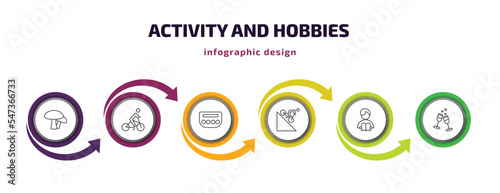 activity and hobbies infographic template with icons and 6 step or option. activity and hobbies icons such as mushrooming, biking, baccarat, downhill, boy reading, hang out vector. can be used for