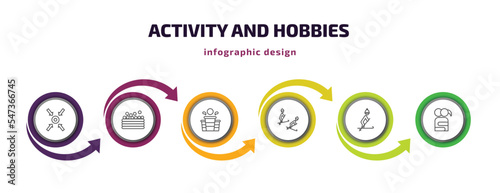 activity and hobbies infographic template with icons and 6 step or option. activity and hobbies icons such as collecting, ball pit, beer pong, freestyle, skiing, couple huging vector. can be used