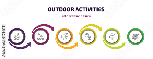 outdoor activities infographic template with icons and 6 step or option. outdoor activities icons such as knife making, jumping to the water, cosplaying, boggle, , dartboard vector. can be used for