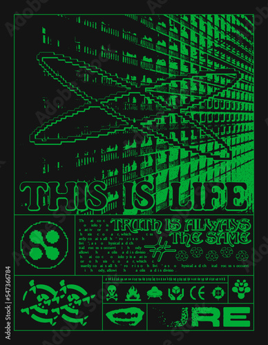 Poster with panel high-rise buildings. Print in techno style, for streetwear, print for t-shirts and sweatshirts on a black background