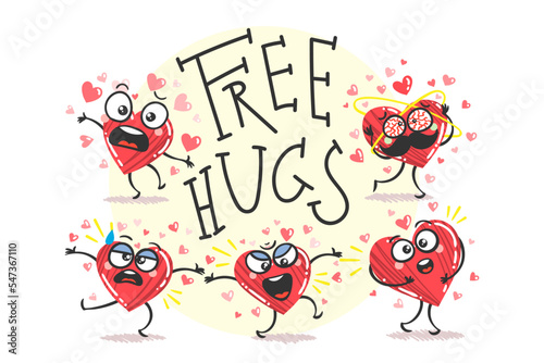 Free Hugs. Set of Happy Heart Characters in different poses with quote. Doodle romantic flat style Valentine's Day illustrations to express feelings of love. Vector illustration