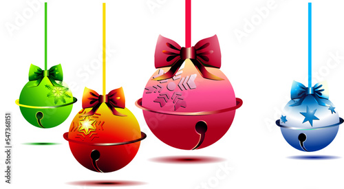 jingle bells. with green, red, pink, blue,  Realistic traditional christmas tree toy, xmas and new year holiday decoration for greeting cards