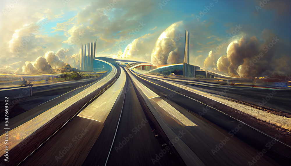 Abstract futuristic city with ultra speed highways, generative ai illustration