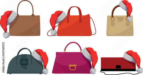 Christmas collection of handbags. New Year shopping. Vector illustration with santa hat
