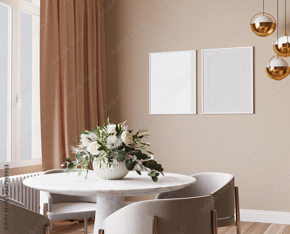 Frame mockup in luxury dining room design, bright beige interior apartment, 3d render - obrazy, fototapety, plakaty 