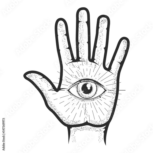Hand palm of psychic with all seeing eye, mystic and occult palmistry, esoteric and fortune telling by hand, vector