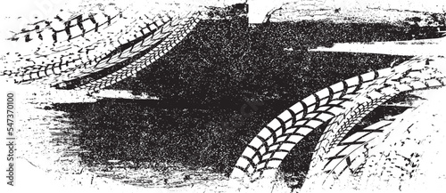 Vector Print Textured Tire Track banner. Design Element . Car tread silhouette . Mud splash grunge texture. Drift show